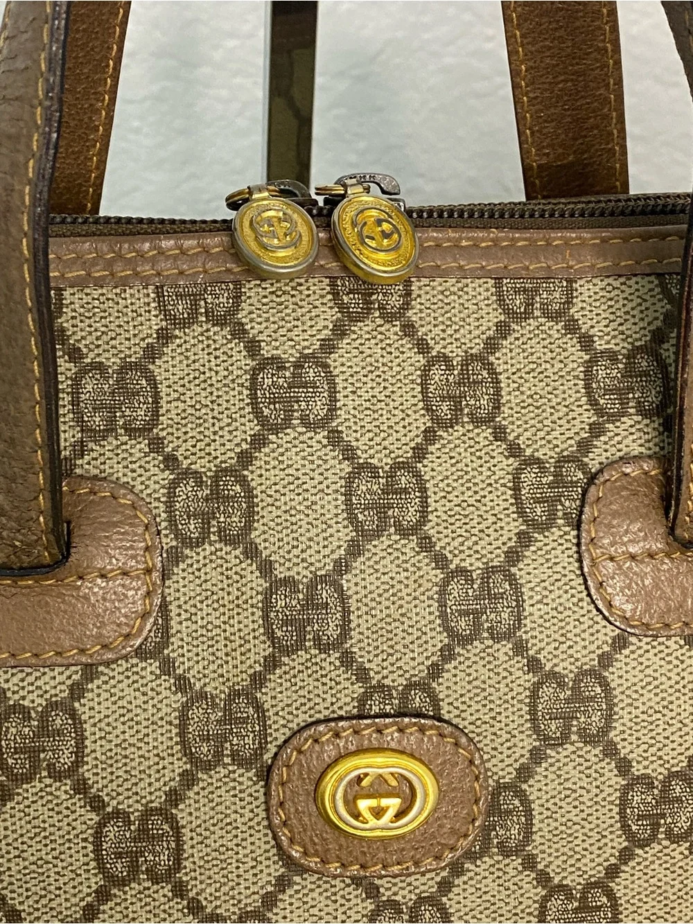 Gucci Tan & Beige GG Canvas Satchel with Gold Hardware